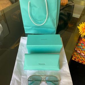 Authentic Tiffany and co Pilo Sunglasses in silver and Tiffany blue enamel.